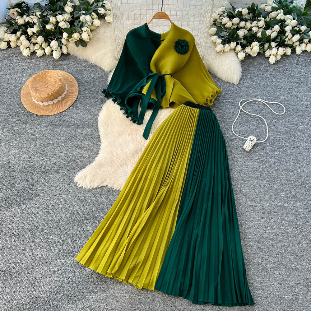 Elegant and chic commute style: sleeveless two-piece pleated skirt set with tie-waist detail - purple, autumn collection, designer piece