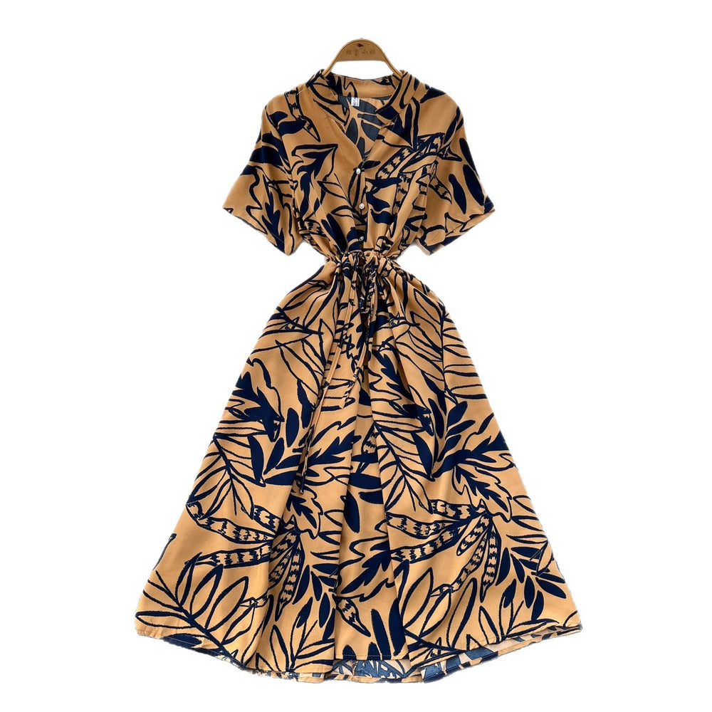 Frenchretrosense of design strappy waist short-sleeved printingdress women's summerslimming lookelegant large swing long skirt