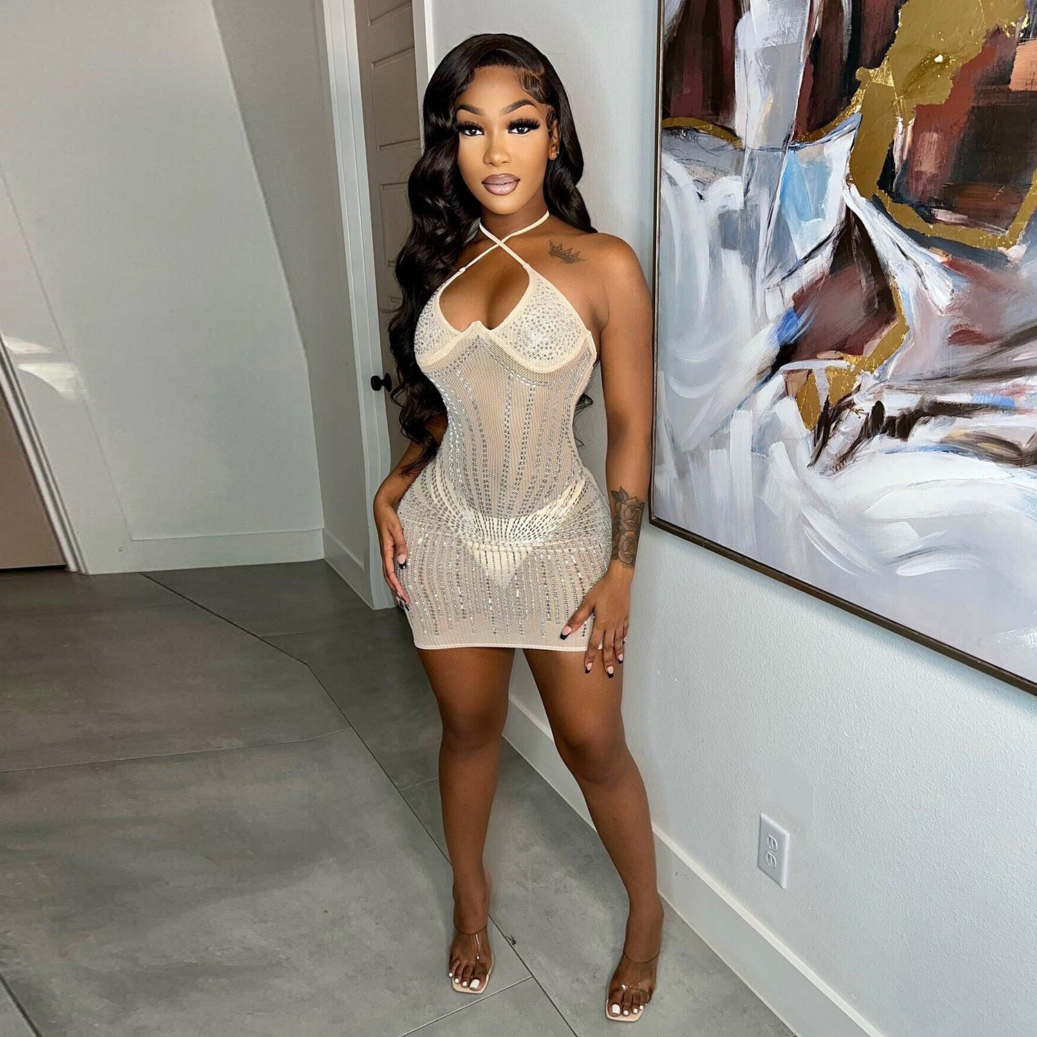 SK2506 sexy European and American suspender slim-fit chest-wrapped hot diamond dress, nightclub dress