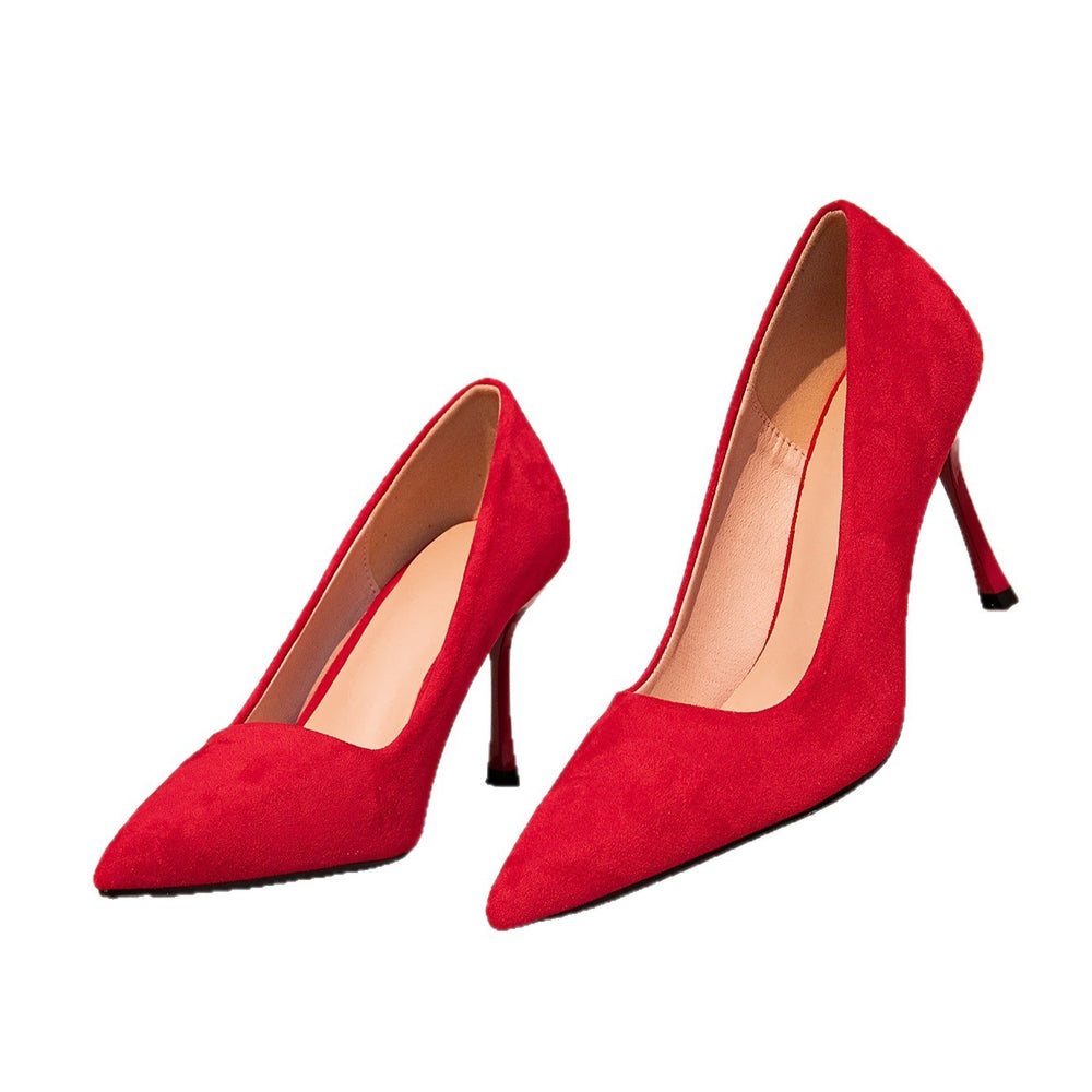 Women's red fashion studded heels - stiletto slip-ons, pointed-toe, minimalist party pumps