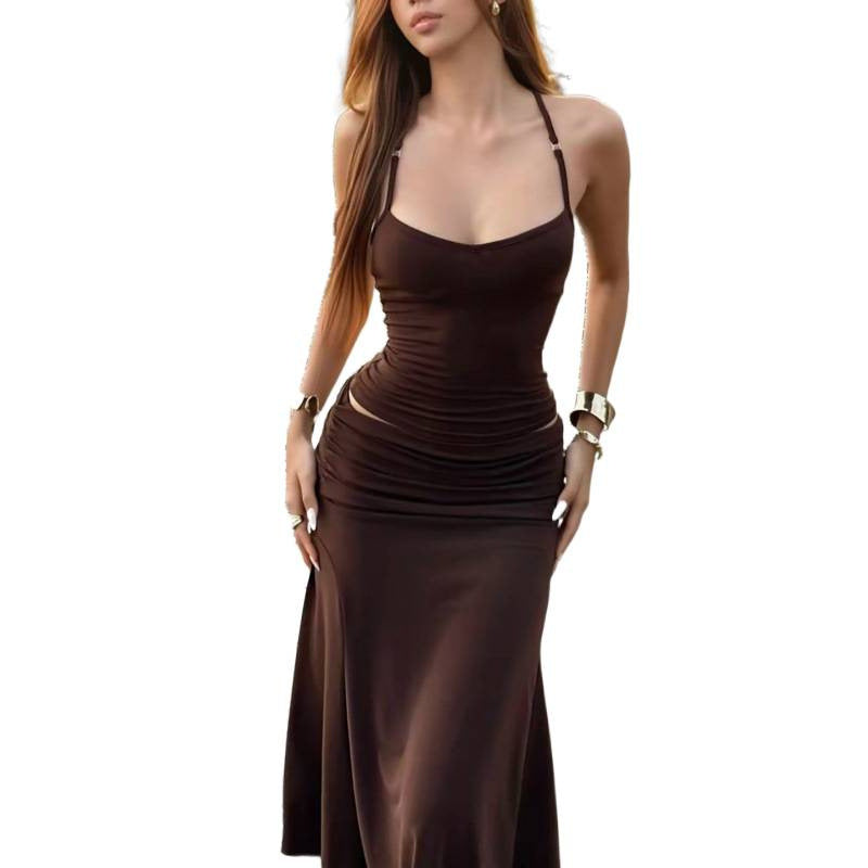 European and american style women's summer  new sexy solid color camisole inner layer top with slim-fit pleated midi skirt set