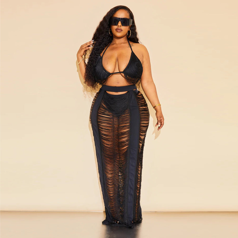e-commerce source factory: sexy european and american style women's fashion hollow-out plus size beachwear dress set