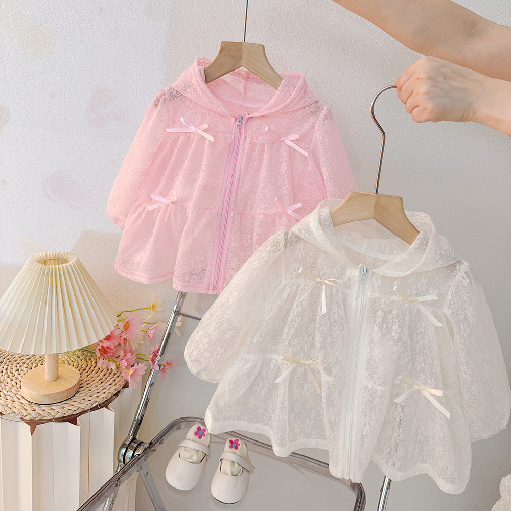 Korean style baby girl summer outfit  new children's summer bowknot jacket little girl princess style hooded coat