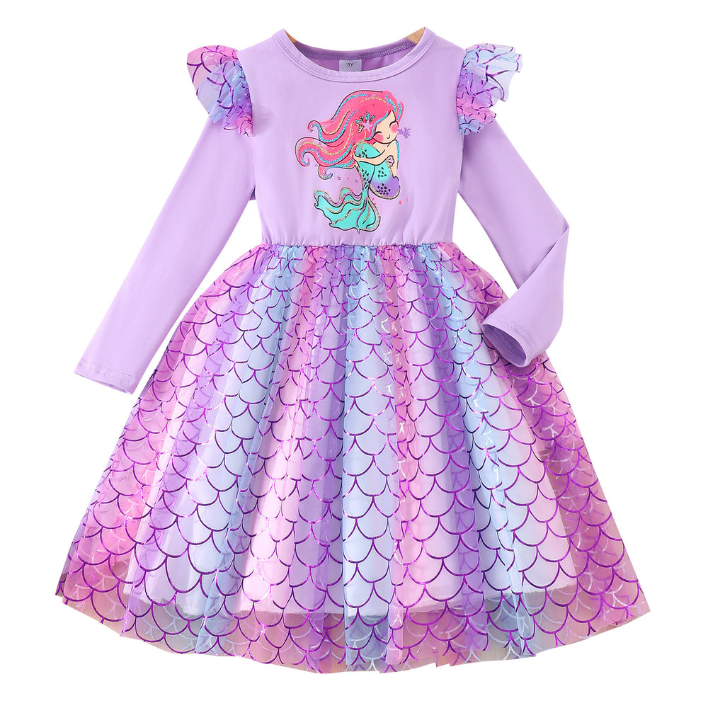 Children's long sleeves round neck mermaid fish scale mesh dress