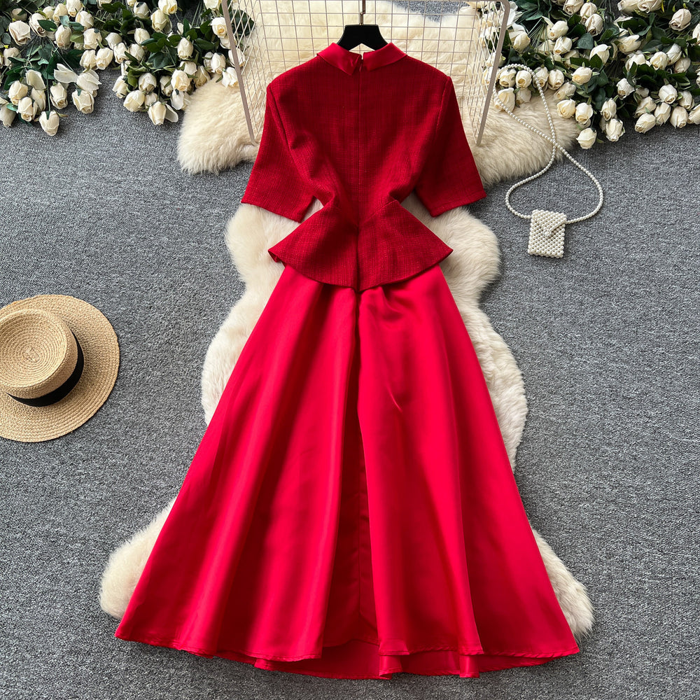 K-stylework clothingred round neck a-line dress women's summer short sleevehigh waistslimming look hepburn styleaccessible luxurysuit skirt