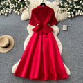 K-stylework clothingred round neck a-line dress women's summer short sleevehigh waistslimming look hepburn styleaccessible luxurysuit skirt