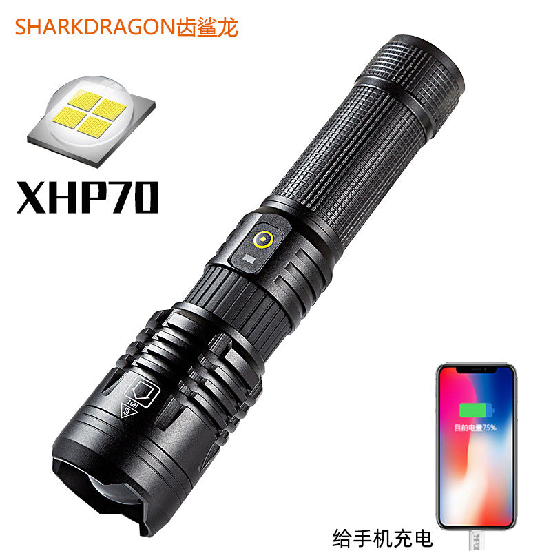 Cross-border new XHP70 strong light flashlight, outdoor USB charging with output zoom remote LED flashlight