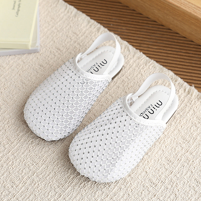 Mesh rhinestone toe-cap half slippers for women summeroutwearnew arrival one-leg cut out fishnet fairy lazy slippers