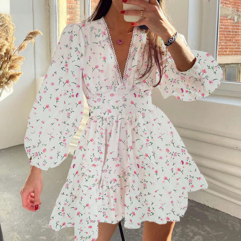 cross-border e-commerce women's fashion: european and american summer new arrivals - elegant and sweet printed v-neck lace mini dress