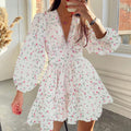 cross-border e-commerce women's fashion: european and american summer new arrivals - elegant and sweet printed v-neck lace mini dress