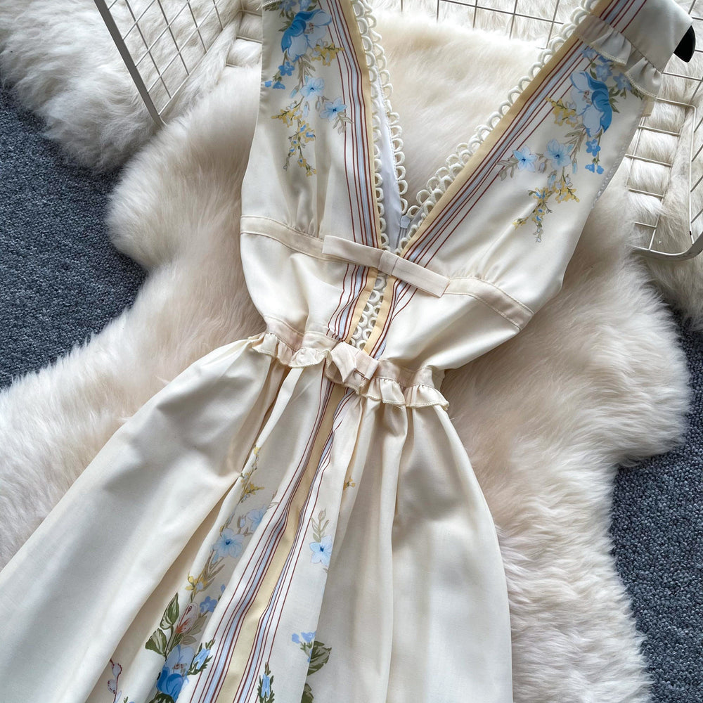 French romantic v-neck printed dress - women's summer high-waisted sleeveless slimming midi dress - elegant vacation style