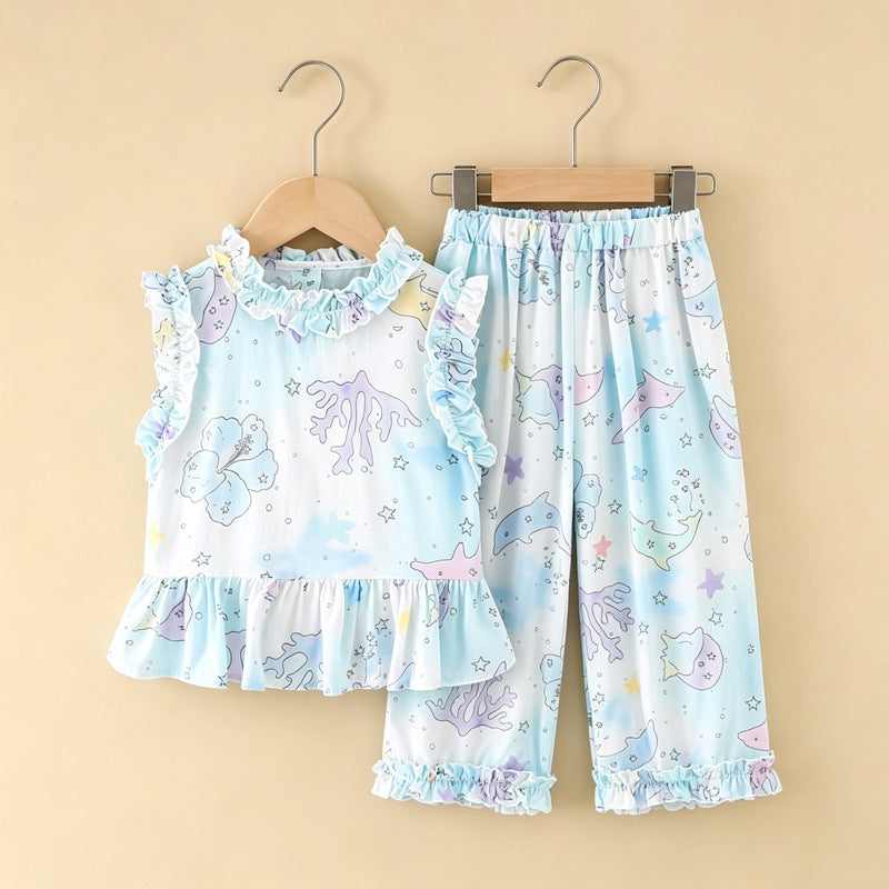 Girls' rayon outerwear set - cartoon print, loungewear, loose fit, breathable, cute summer lightweight lace pajamas