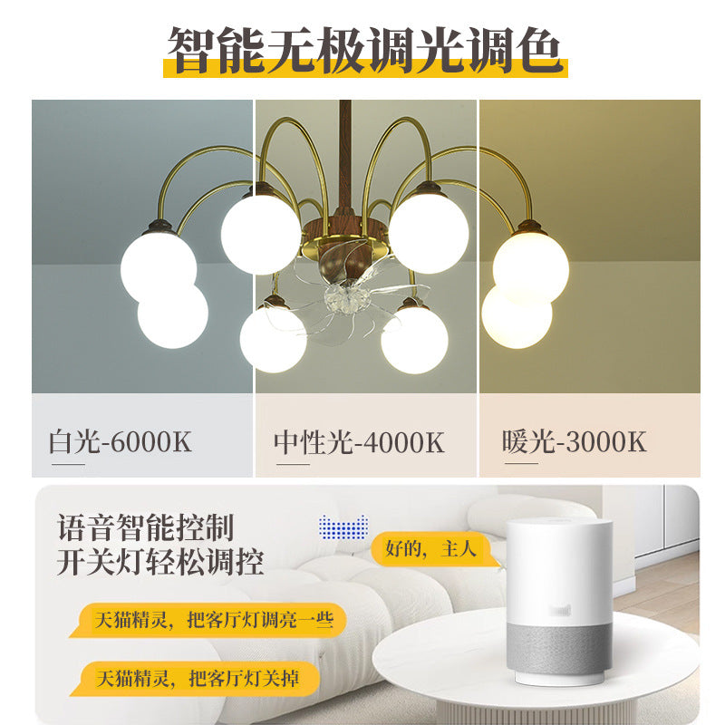 [Strict selection] Ceiling fan light American retro magic bean chandelier medium and ancient retro walnut pattern large wind fan light