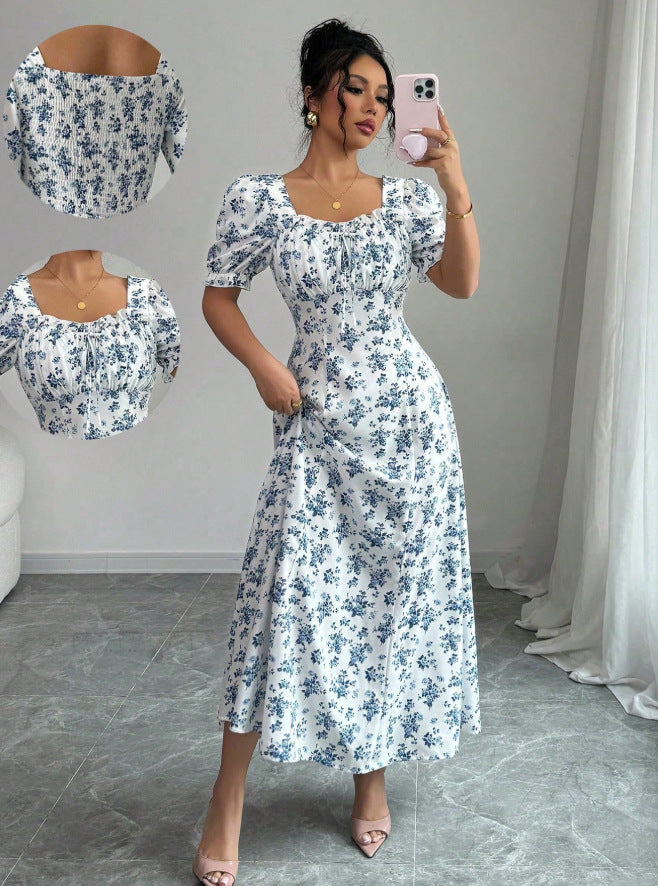 new european and american style printed v-neck summer bubble sleeve dress