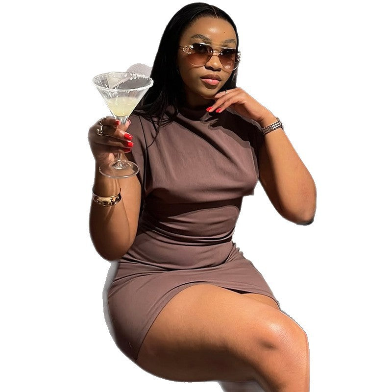 European and American  women's clothing 2025 summer new fashion temperament semi-turtleneck brown slim-fitting short dress