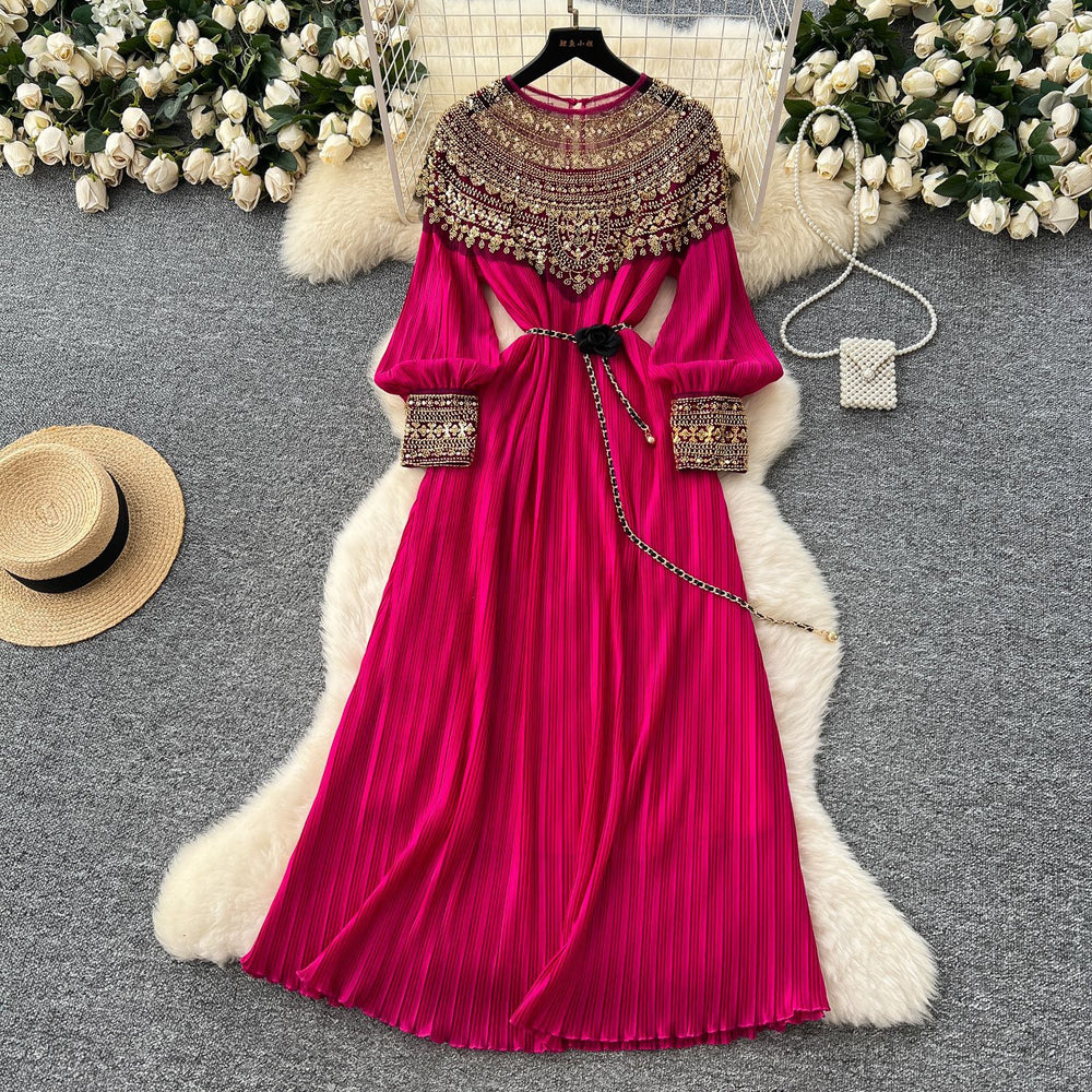Frenchclassyelegantheavy sequin embroidered beadspatchworklong sleevesdress women's strappy waist elegant pleated long skirt