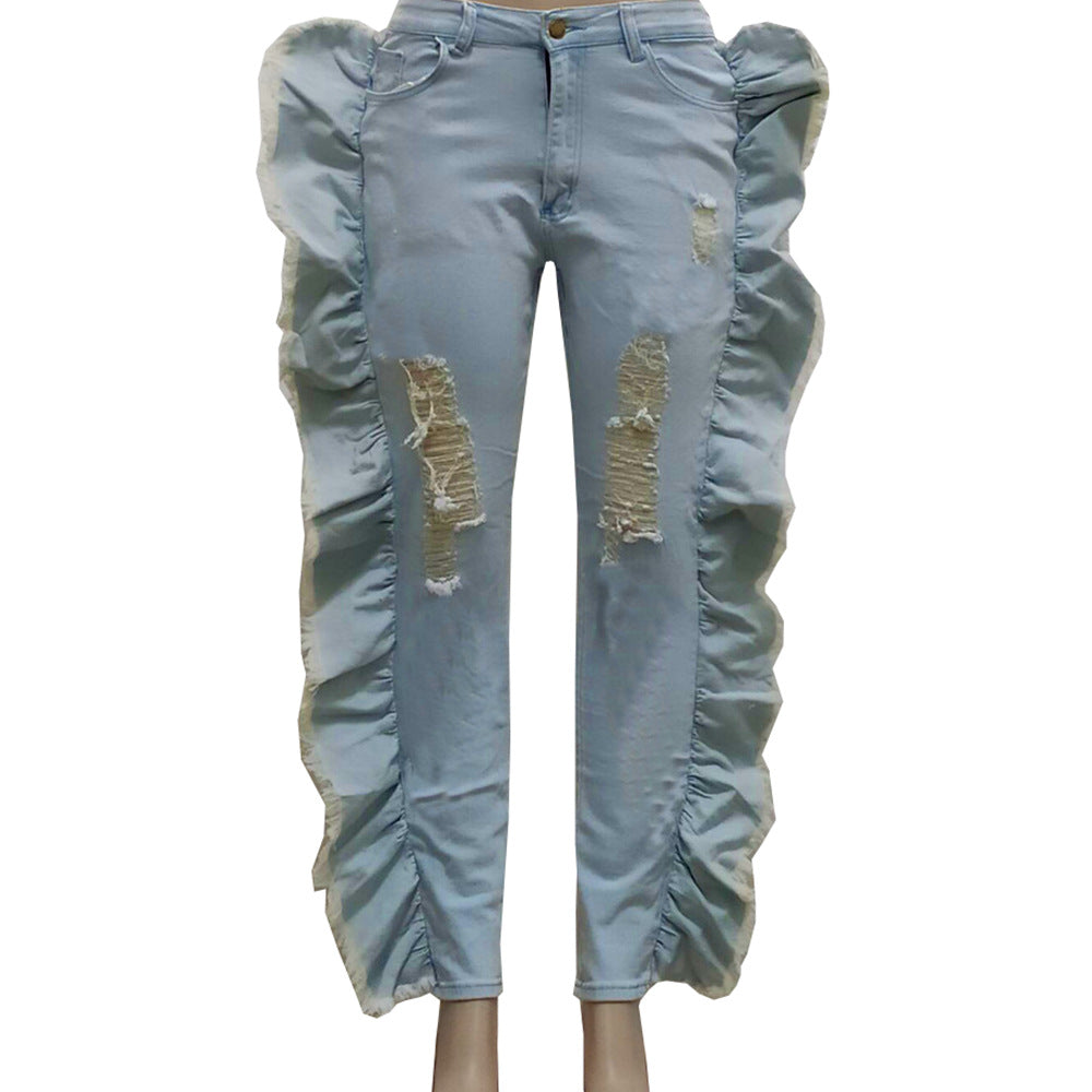 European and american cross-border women's fashion  jeans: streetwear casual hand-weathered distressed side ruffle skinny stretch pants
