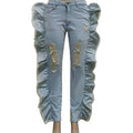 European and american cross-border women's fashion  jeans: streetwear casual hand-weathered distressed side ruffle skinny stretch pants