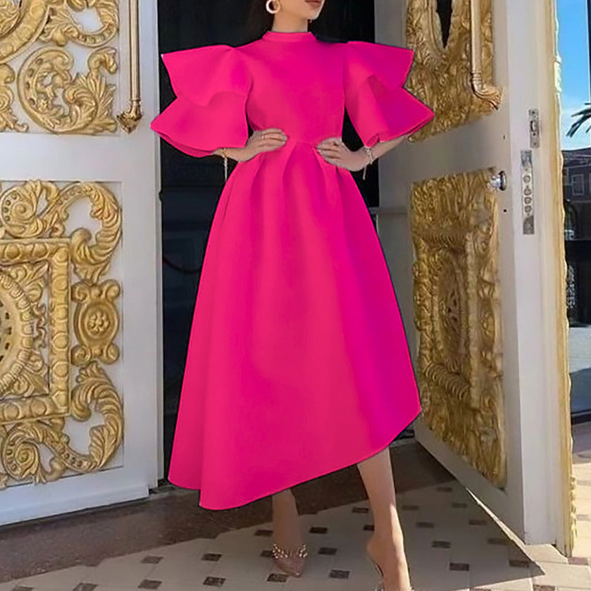 D230 cross-border women's fashion  summer new arrival double-layer ruffle sleeve solid color a-line european and american style dress - export dress