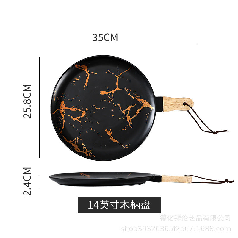 Ceramic marble plate with handle, restaurant special plate, pizza plate, popular steak plate, classy dinner plate