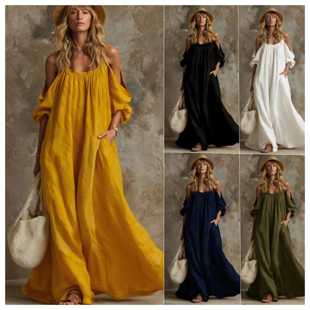 Fashion  independent station vacation style pocket sling off-shoulder cotton and linen looseslimming look large swing dress