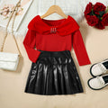 European and american autumn girls' bowknot design off-the-shoulder beaded long-sleeve top and pu leather pleated skirt two-piece set