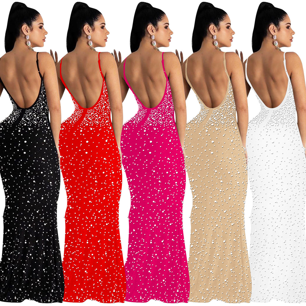 C5852   fashion women's hotfix rhinestone nightclub sexy sleeveless maxi dress