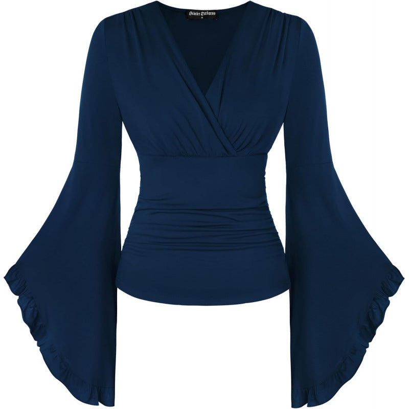 Amazon fashion pure desire v neck bell sleeve shirt  spring new style wrapped casual ruffle tops