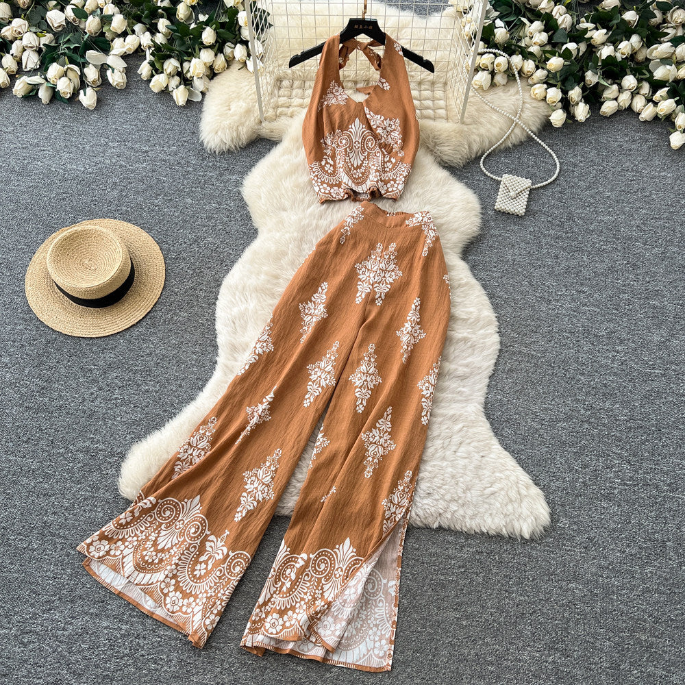 Vacation-style printed halter sleeveless dress women's summer lazy high-waisted wide-leg pants two-piece set - premium feel