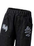 kidsjeans black stylishprinting veneer loose pants elastic pants american girlstraight-leg pants