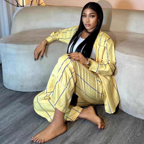 European and American large-size women's striped cardigan lapel long-sleeved shirt wide-leg pants African women's casual foreign style two-piece set
