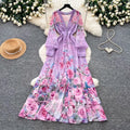 French riviera floral print flared sleeve dress - women's long sleeve tie-waist a-line maxi dress - elegant & chic