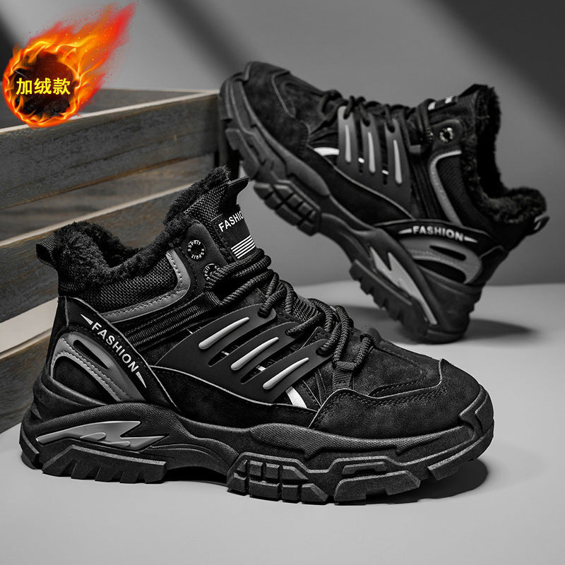 Men's winter fleece-lined warm cotton shoes, thick-soled work shoes, non-slip outdoor sports casual hiking martin boots, trendy footwear