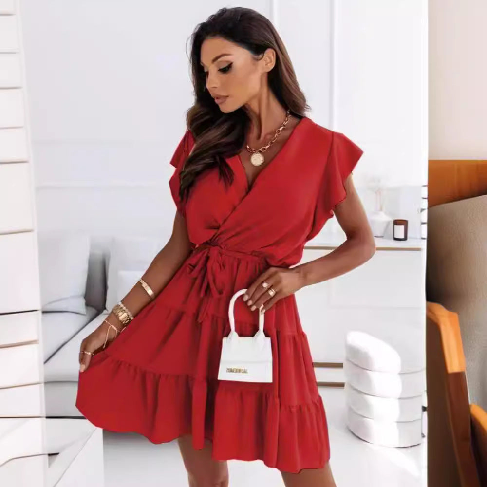 Dress summer women's new  independent station  V-neck lace-up solid color pullover short-sleeved skirt