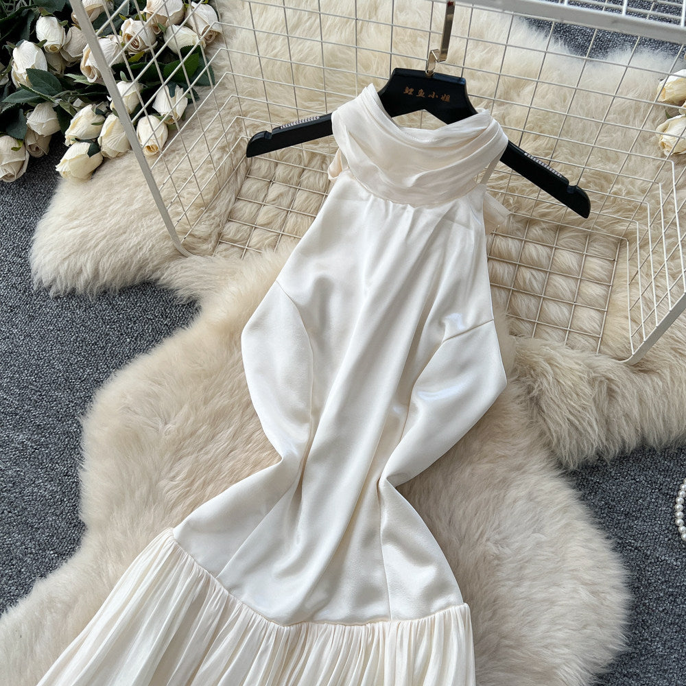 French halter velvet sleeveless dress women's white high waist a-line dress waist slimming lookelegant vacation style long dress