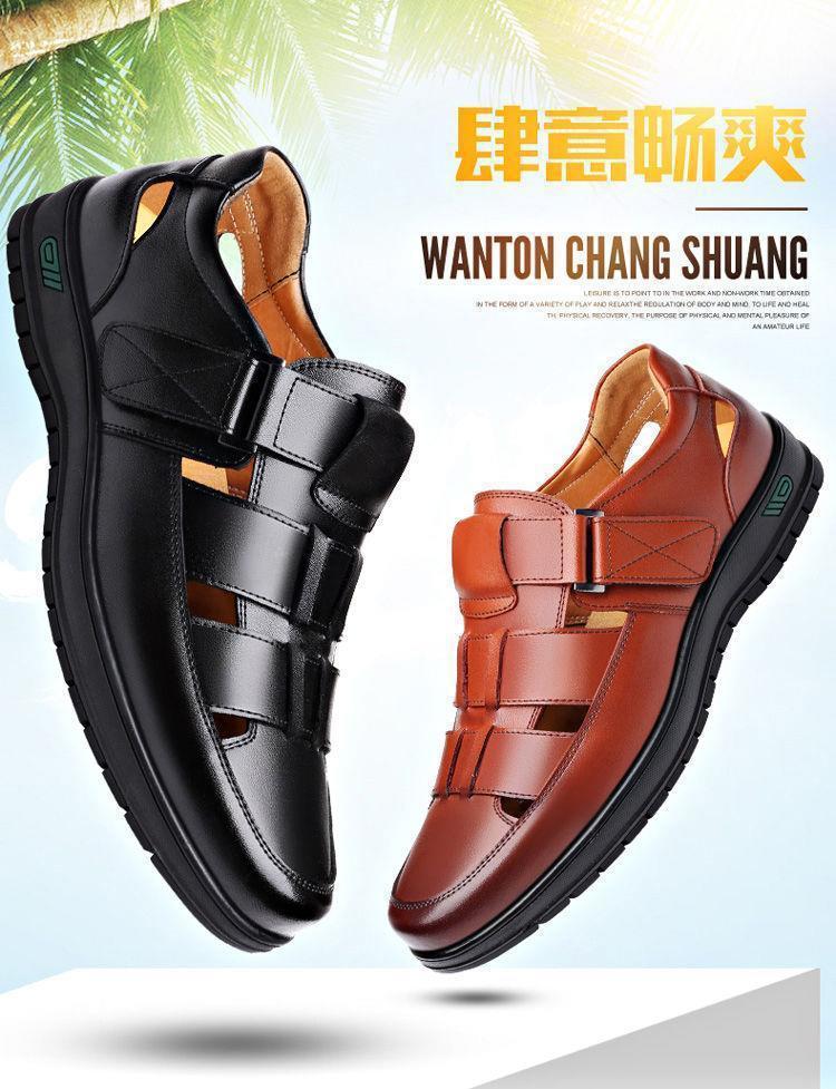 Men's leather shoes - business casual, formal, soft sole, anti-slip, summer sandals, dad shoes for middle-aged and elderly men - black