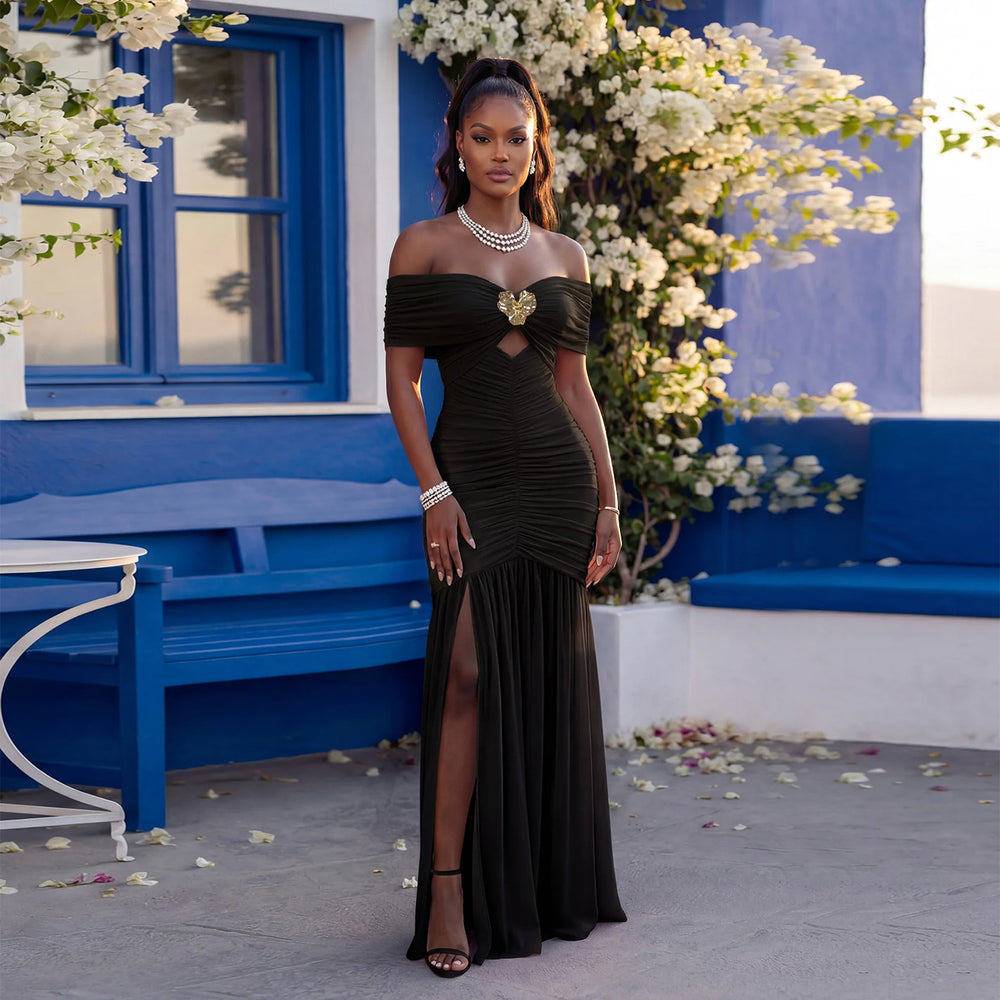 C7661 cross-border   fashion women's sexy off-the-shoulder high slit bandeau dress