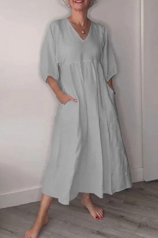 Amazon independent station fashion cross-border autum women's cotton and linen deep v neck pleated pure colorcasualflap pocket pantsdress