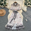 European fashionable printing dress women's  summer light mature style straps waist lapel short sleeve single breasted long skirt
