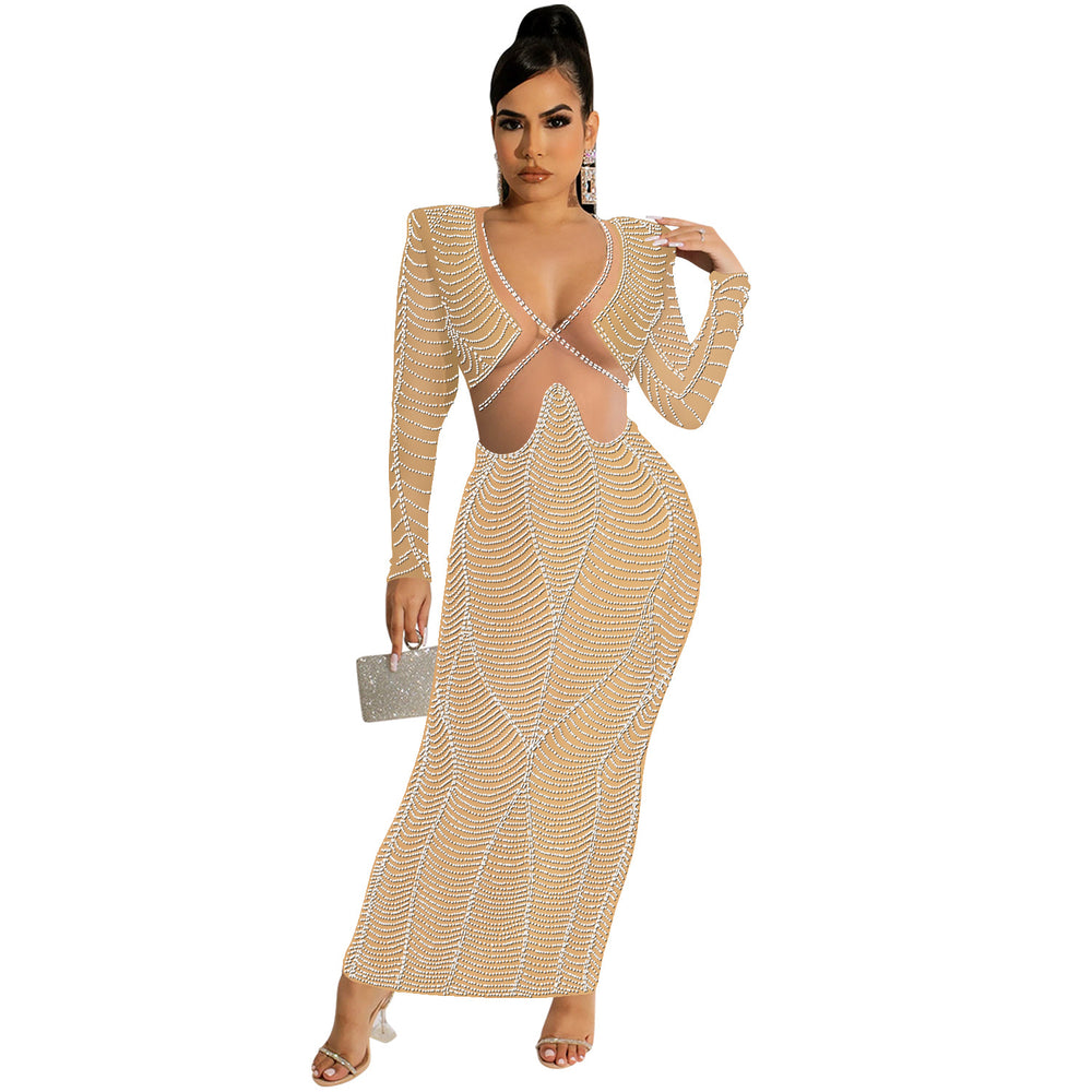 C5912   fashion sexy nightclub hot diamond mesh see-through v neck long sleeves long skirt dress women