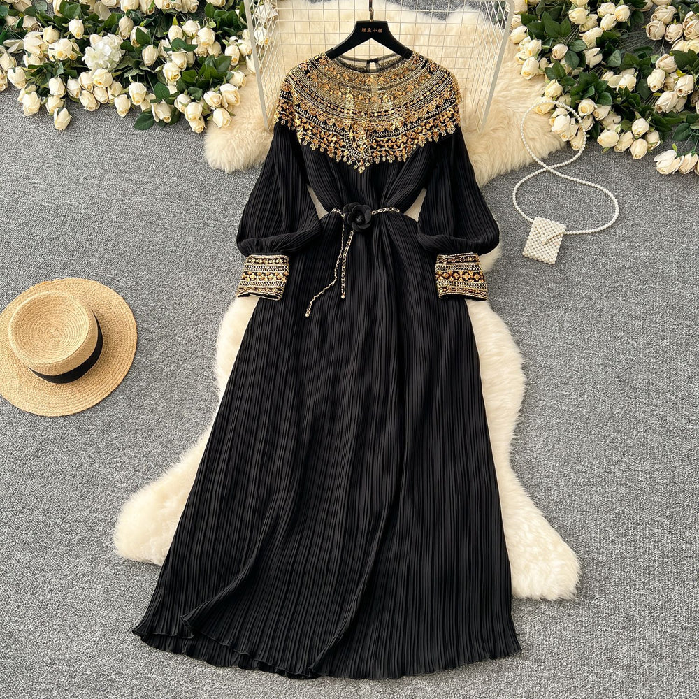 High-end women's elegant dress 2024 winter heavy beading sequin loose waist long pleated formal gown