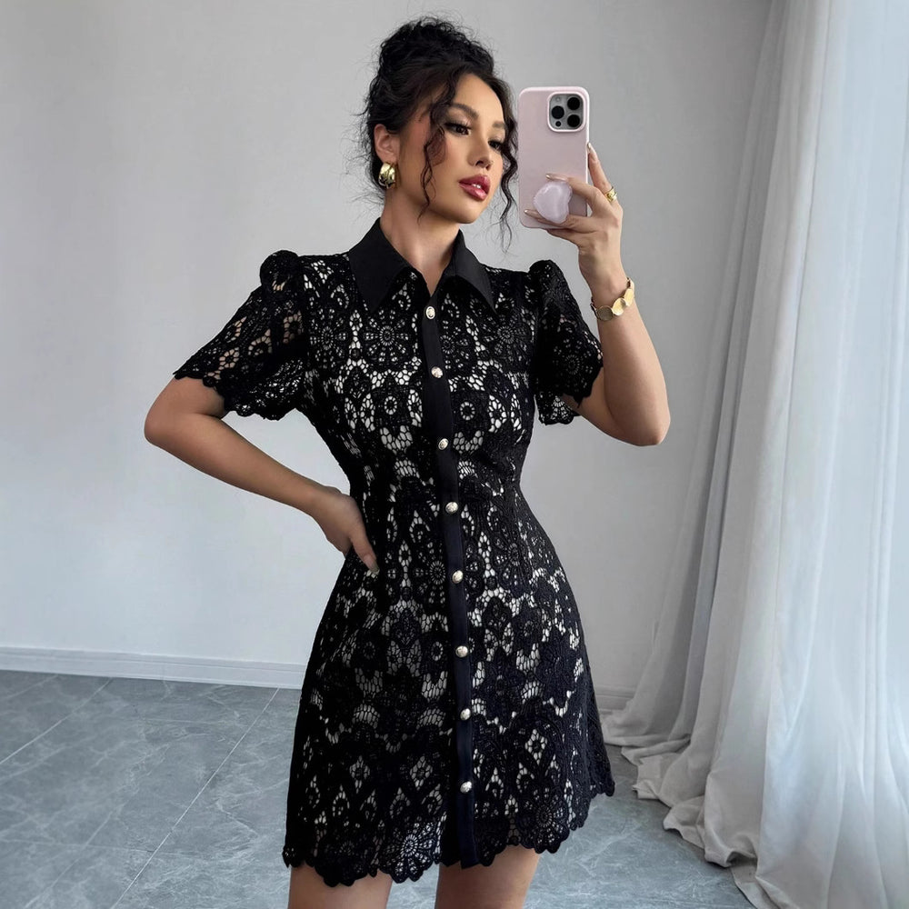 fashion for europe and america:  summer new arrival - color block turn-down collar, water-soluble embroidery, elegant waist-defining short-sleeve dress