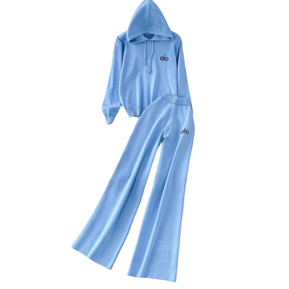 Gentle wind pink tie backslimming lookpullover hooded knittinglong sleevessweatshirthigh waiststraight-legloose pantsembroidersuit