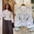 French court style ruffle-trimmed bell sleeve chiffon blouse - women's summer, elegant, and figure-flattering top with tie waist