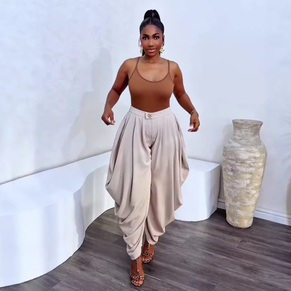European and american cross-border women's fashion:  summer new arrivals - high-waisted, slimming, designer casual solid color loose wide-leg pants for women
