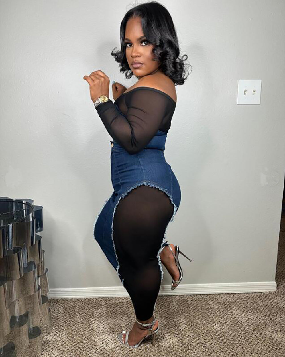 European and american cross-border women's fashion  autumn new sexy hot girl mesh see-through top denim bodycon skirt set
