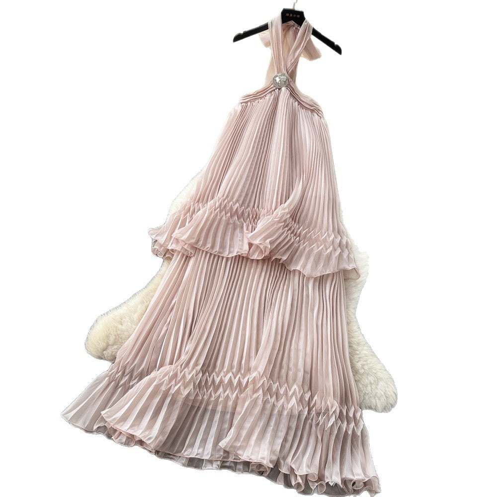 French halter sleeveless backless pleated dress women's summer k-stylehigh waist cake skirt fairy holiday style long skirt