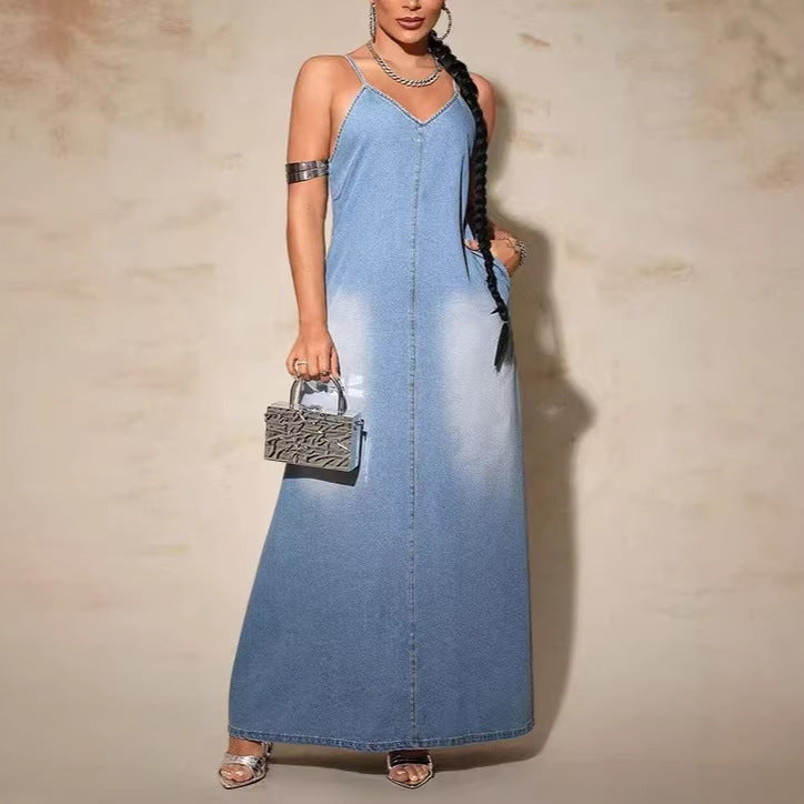 Amazon  asia cross-border fashion new arrivalplus size women's clothing new arrival denim suspender longdress