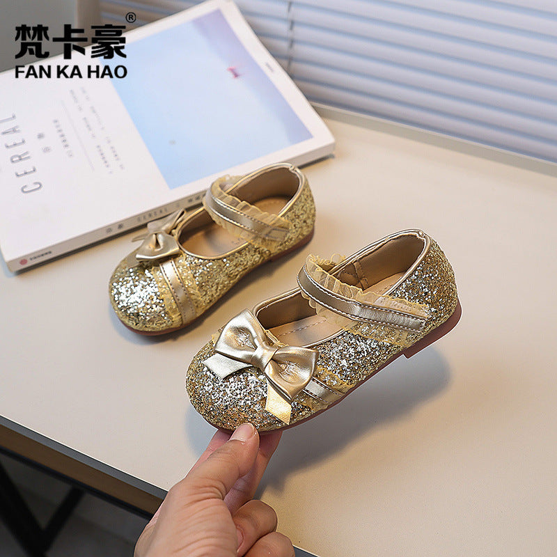 Vancahao girls' fashion sequin bow princess shoes, new korean style children's single shoes and dance shoes for spring/autumn
