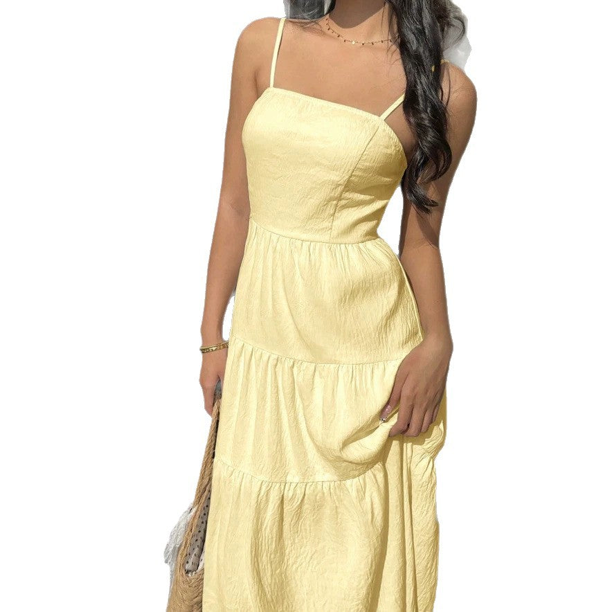 european and american cross-border yellow french style sleeveless slip dress